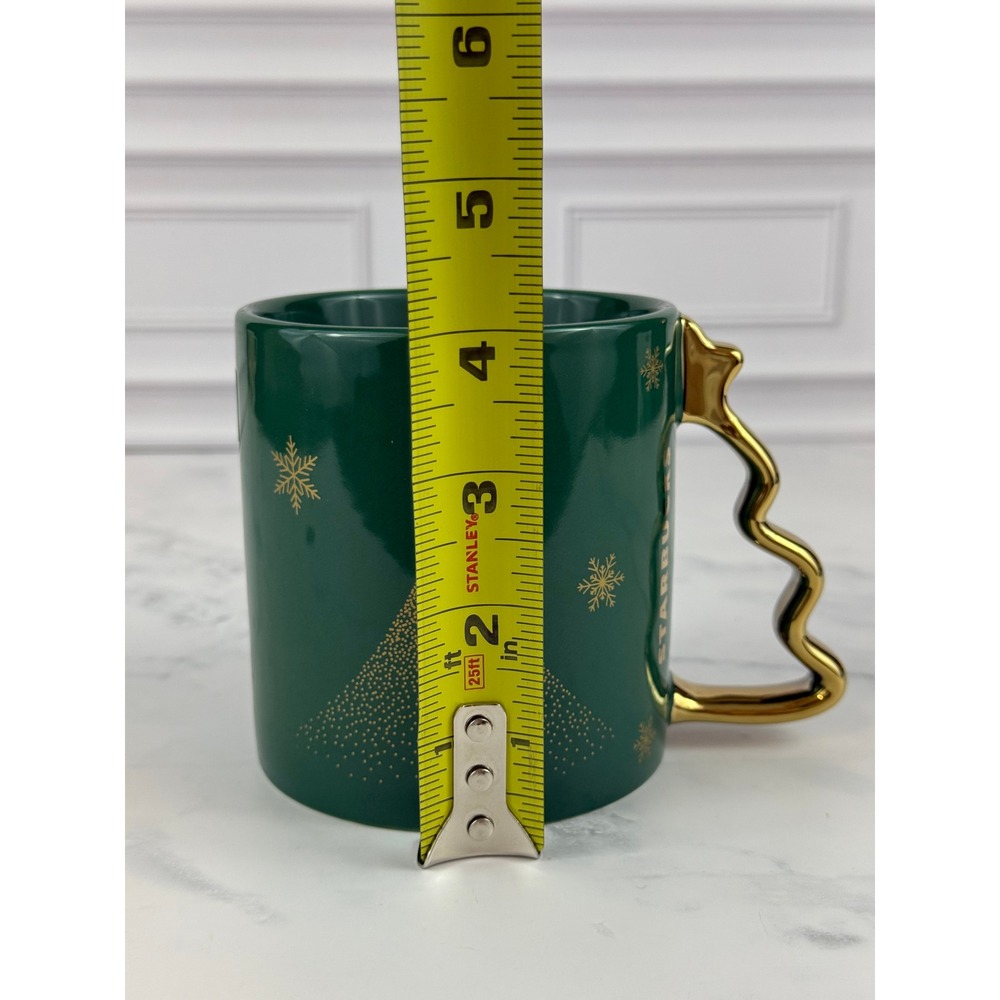 Starbucks 2025 Holiday Mug Green Snowflakes Tree Shaped Handle 4" MINT! - Picture 7 of 8